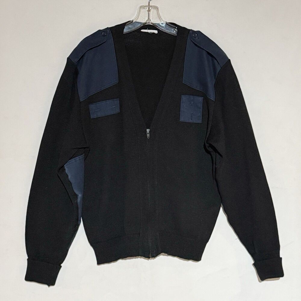 Military Equipment Wool Blend Cardigan Sweater Mens L Black Elbow Patch V-Neck
